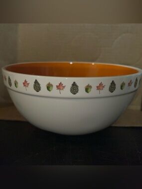 Rae Dunn White Bowl with Orange Interior and Fall Leaf Accent